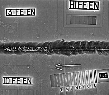 A radiograph of the famous BAM5 test sample taken with the VX weld HR system, filtered with the Vision in X "extract details" filter