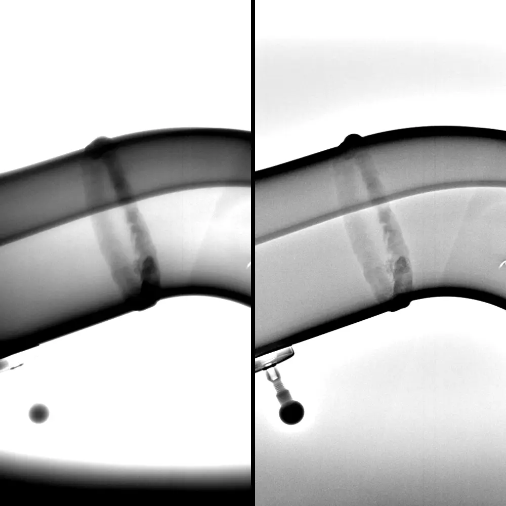 Comparison of an X-ray inspected pipe weld with and without digital filtering